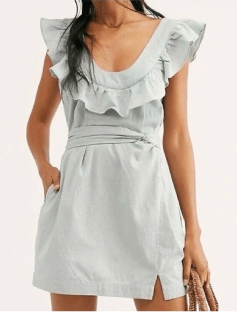 Free People Lara Ruffle Bib Mini Dress Light Green Boho